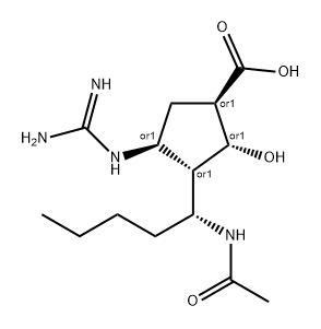 Cyclopentanecarboxylic acid, 3-[(1R)-1-(acetylamino)pentyl]-4-[(aminoiminomethyl)amino]-2-hydroxy-, (1R,2R,3S,4S)-rel- Struktur