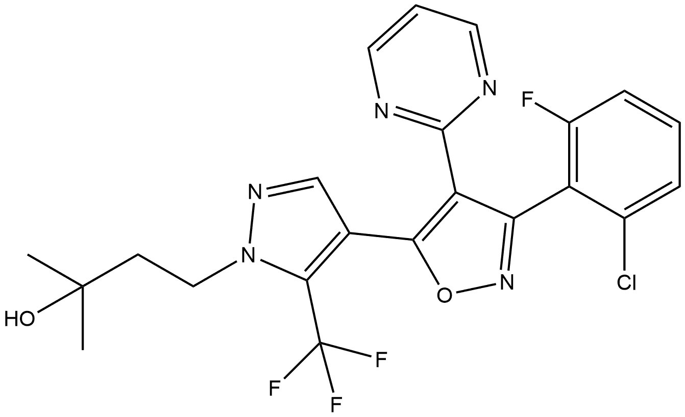 1H-Pyrazole-1-propanol, 4-[3-(2-chloro-6-fluorophenyl)-4-(2-pyrimidinyl)-5-isoxazolyl]-α,α-dimethyl-5-(trifluoromethyl)- Struktur