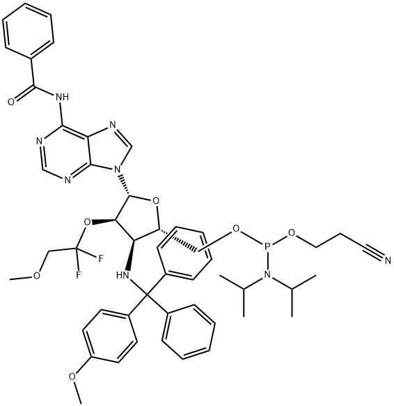 Adenosine, N-?benzoyl-?3'-?deoxy-?2'-?O-?(1,?1-?difluoro-?2-?methoxyethyl)?-?3'-?[[(4-?methoxyphenyl)?diphenylmethyl]?amino]?-?, 5'-?[2-?cyanoethyl N,?N-?bis(1-?methylethyl)?phosphoramidite] Struktur