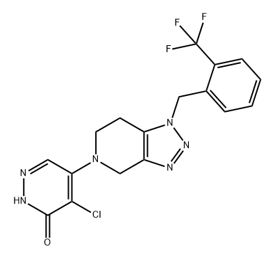 3(2H)-Pyridazinone, 4-chloro-5-[1,4,6,7-tetrahydro-1-[[2-(trifluoromethyl)phenyl]methyl]-5H-1,2,3-triazolo[4,5-c]pyridin-5-yl]- Struktur