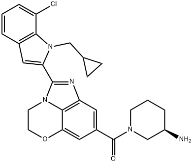 Methanone, [(3R)-3-amino-1-piperidinyl][2-[7-chloro-1-(cyclopropylmethyl)-1H-indol-2-yl]-4,5-dihydroimidazo[1,5,4-de][1,4]benzoxazin-8-yl]- Struktur