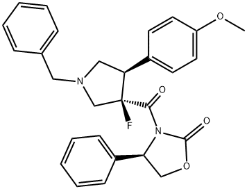 2-Oxazolidinone, 3-[[(3R,4R)-3-fluoro-4-(4-methoxyphenyl)-1-(phenylmethyl)-3-pyrrolidinyl]carbonyl]-4-phenyl-, (4R)- Struktur