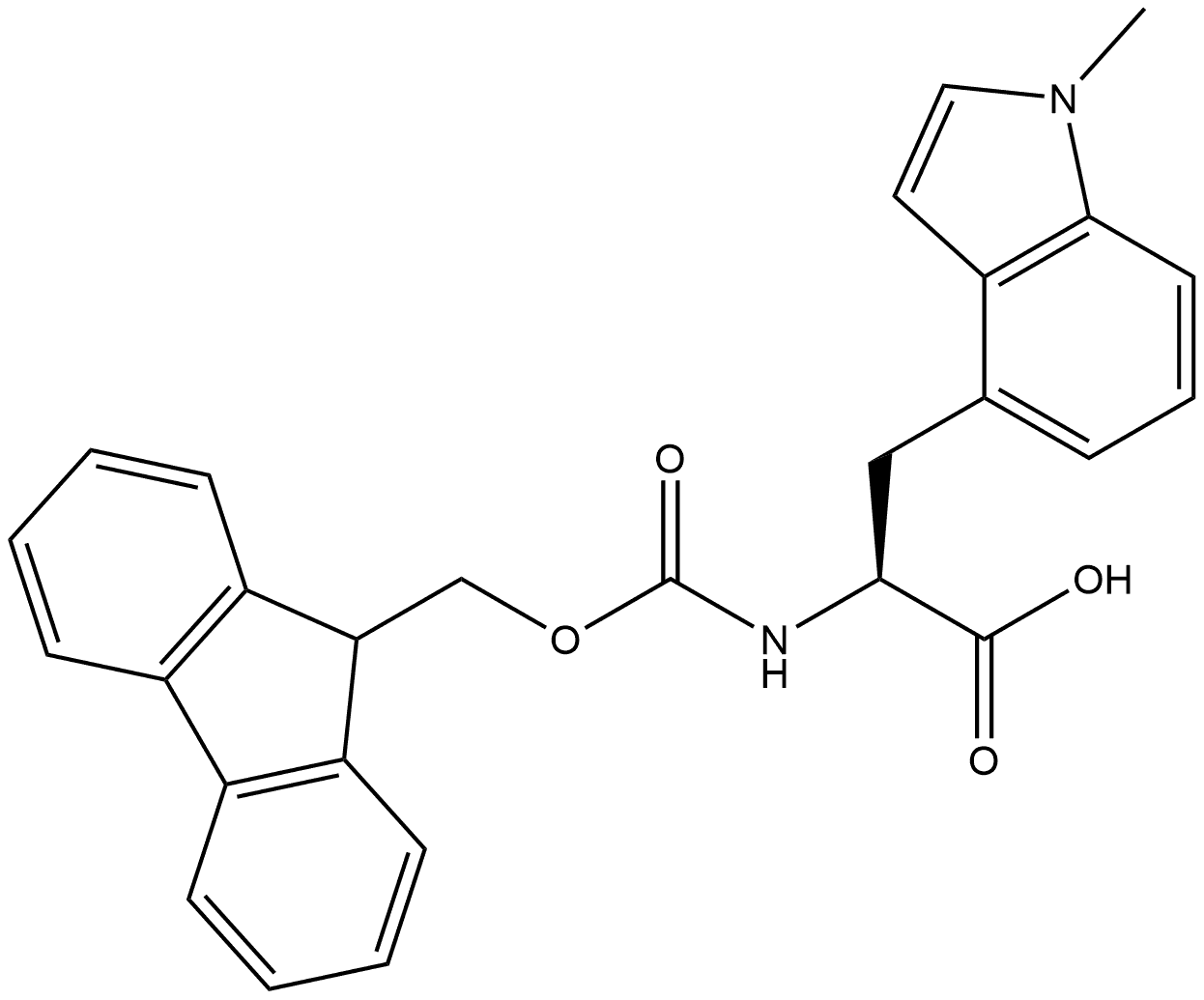 1H-Indole-4-propanoic acid, α-[[(9H-fluoren-9-ylmethoxy)carbonyl]amino]-1-methyl-, (αS)- Struktur