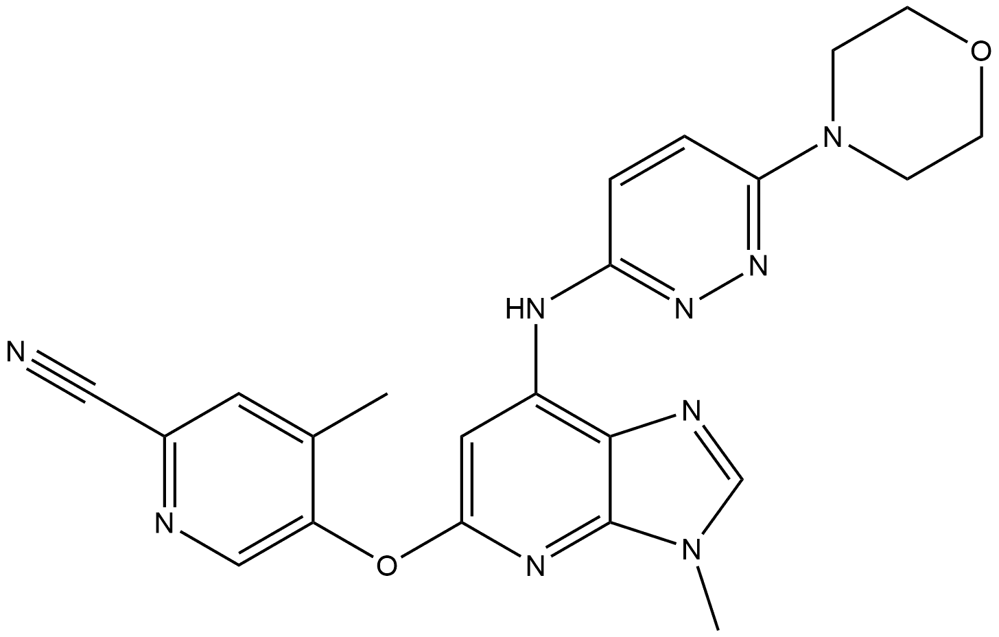 4-Methyl-5-[[3-methyl-7-[[6-(4-morpholinyl)-3-pyridazinyl]amino]-3H-imidazo[4,5-b]pyridin-5-yl]oxy]-2-pyridinecarbonitrile Struktur