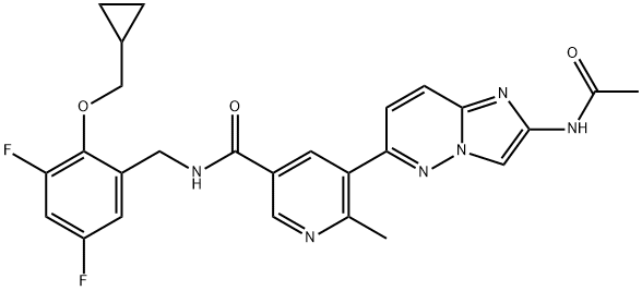 3-Pyridinecarboxamide, 5-[2-(acetylamino)imidazo[1,2-b]pyridazin-6-yl]-N-[[2-(cyclopropylmethoxy)-3,5-difluorophenyl]methyl]-6-methyl- Struktur