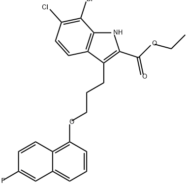 1H-Indole-2-carboxylic acid, 7-bromo-6-chloro-3-[3-[(6-fluoro-1-naphthalenyl)oxy]propyl]-, ethyl ester Struktur