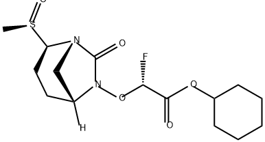 Acetic acid, 2-fluoro-2-[[(1S,2R,5R)-2-[(R)-methylsulfinyl]-7-oxo-1,6-diazabicyclo[3.2.1]oct-6-yl]oxy]-, cyclohexyl ester, (2R)- Struktur