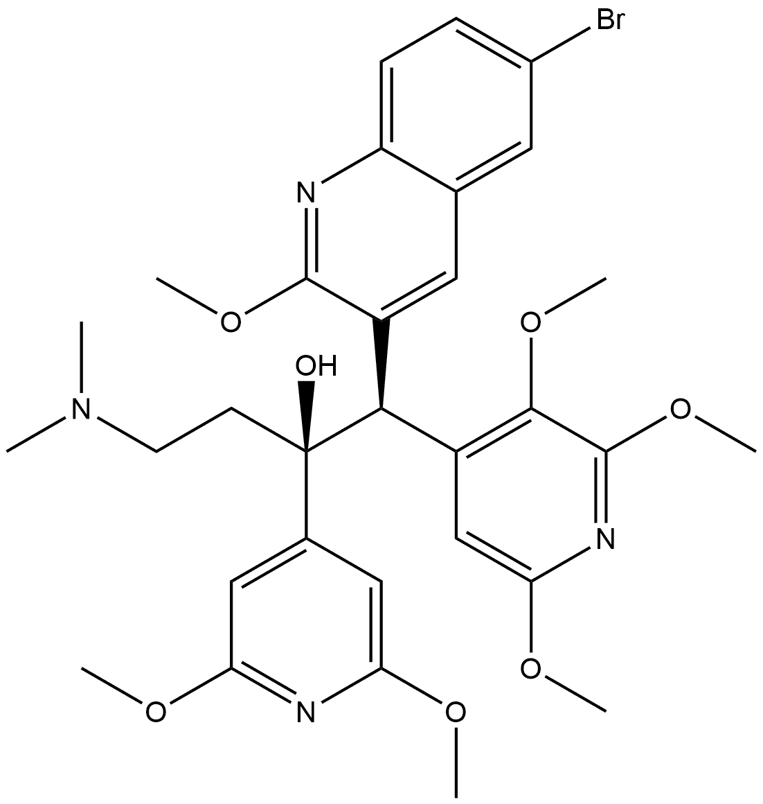 3-Quinolineethanol, 6-bromo-α-(2,6-dimethoxy-4-pyridinyl)-α-[2-(dimethylamino)ethyl]-2-methoxy-β-(2,3,6-trimethoxy-4-pyridinyl)-, (αS,βR)- Struktur