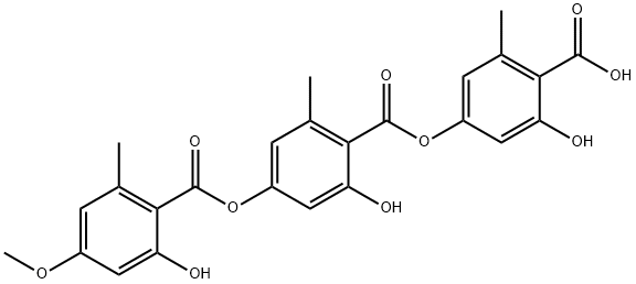 Benzoic acid, 2-hydroxy-4-[(2-hydroxy-4-methoxy-6-methylbenzoyl)oxy]-6-methyl-, 4-carboxy-3-hydroxy-5-methylphenyl ester Struktur