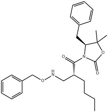 2-Oxazolidinone, 5,5-dimethyl-3-[(2R)-1-oxo-2-[[(phenylmethoxy)amino]methyl]hexyl]-4-(phenylmethyl)-, (4S)- Struktur