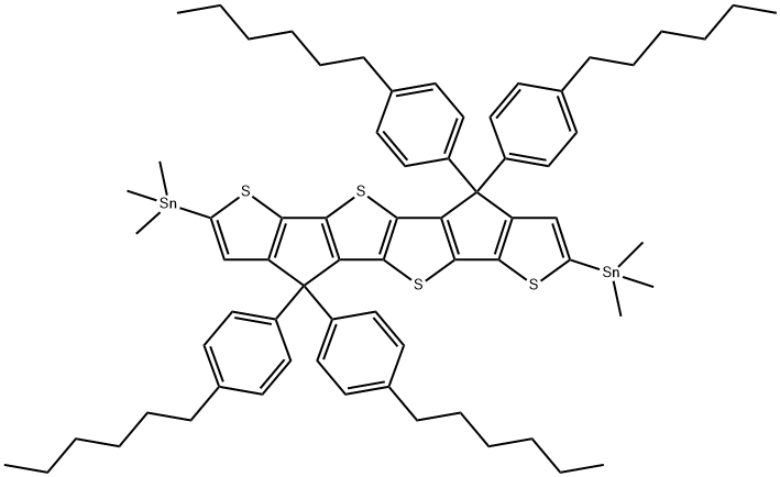 Stannane, 1,1'-[4,4,9,9-tetrakis(4-hexylphenyl)-4,9-dihydrothieno[3',2':4,5]cyclopenta[1,2-b]thieno[2'',3'':3',4']cyclopenta[1',2':4,5]thieno[2,3-d]thiophene-2,7-diyl]bis[1,1,1-trimethyl- Struktur