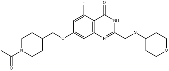 4(3H)-Quinazolinone, 7-[(1-acetyl-4-piperidinyl)methoxy]-5-fluoro-2-[[(tetrahydro-2H-pyran-4-yl)thio]methyl]- Struktur