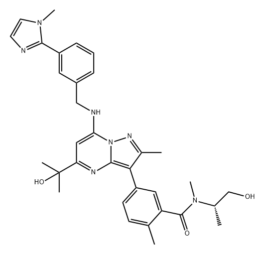 Benzamide, N-[(1S)-2-hydroxy-1-methylethyl]-5-[5-(1-hydroxy-1-methylethyl)-2-methyl-7-[[[3-(1-methyl-1H-imidazol-2-yl)phenyl]methyl]amino]pyrazolo[1,5-a]pyrimidin-3-yl]-N,2-dimethyl- Struktur