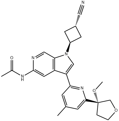 trans-N-[1-(3-cyanocyclobutyl)-3-[6-[(3R)-3-methoxytetrahydrofuran-3-yl]-4-methyl-2-pyridyl]pyrrolo[2,3-c]pyridin-5-yl]acetamide Struktur