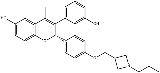 2H-1-Benzopyran-6-ol, 3-(3-hydroxyphenyl)-4-methyl-2-[4-[(1-propyl-3-azetidinyl)methoxy]phenyl]-, (2S)- Struktur