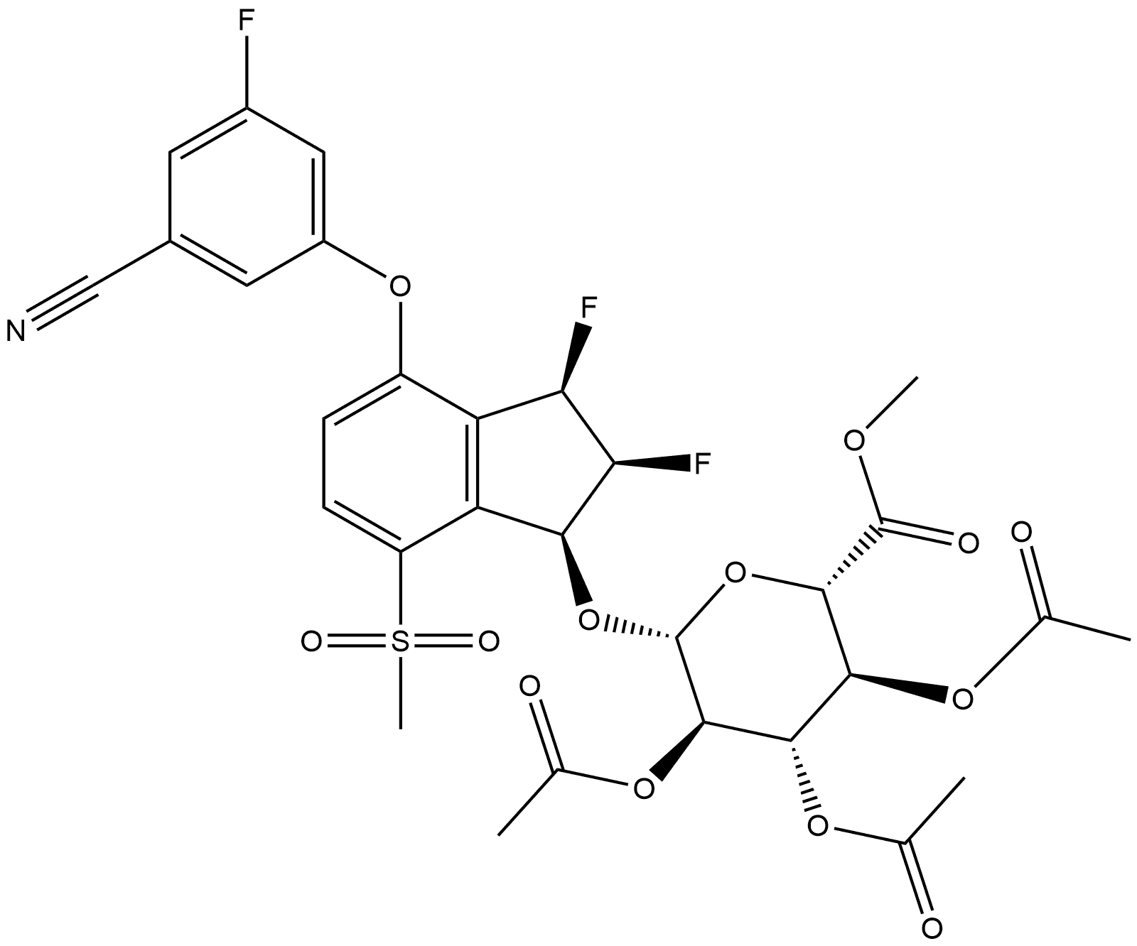 β-D-Glucopyranosiduronic acid, (1S,2S,3R)-4-(3-cyano-5-fluorophenoxy)-2,3-difluoro-2,3-dihydro-7-(methylsulfonyl)-1H-inden-1-yl, methyl ester, 2,3,4-triacetate Struktur