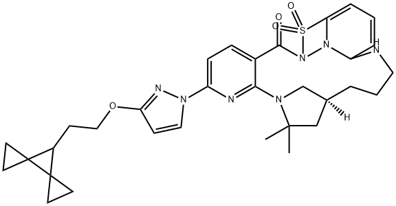 13H-17,20-Methano-8,12-nitrilo-12H-pyrido[3,2-d][1,2,6,13]thiatriazacyclooctadecin-5(6H)-one, 2-[3-(2-dispiro[2.0.2.1]hept-7-ylethoxy)-1H-pyrazol-1-yl]-14,15,16,17,18,19-hexahydro-19,19-dimethyl-, 7,7-dioxide, (17S)- Struktur