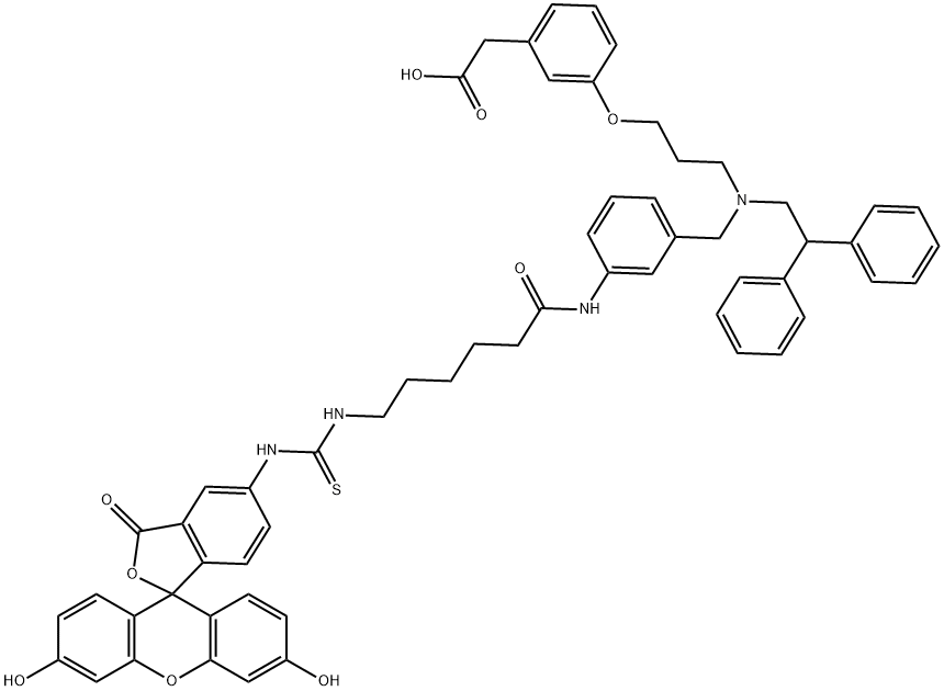 Benzeneacetic acid, 3-[3-[[[3-[[6-[[[(3',6'-dihydroxy-3-oxospiro[isobenzofuran-1(3H),9'-[9H]xanthen]-5-yl)amino]thioxomethyl]amino]-1-oxohexyl]amino]phenyl]methyl](2,2-diphenylethyl)amino]propoxy]- Struktur