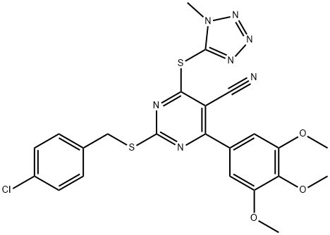 5-Pyrimidinecarbonitrile, 2-[[(4-chlorophenyl)methyl]thio]-4-[(1-methyl-1H-tetrazol-5-yl)thio]-6-(3,4,5-trimethoxyphenyl)- Struktur