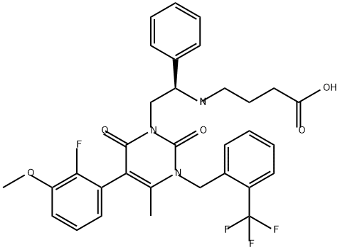 Butanoic acid, 4-[[(1R)-2-[5-(2-fluoro-3-methoxyphenyl)-3,6-dihydro-4-methyl-2,6-dioxo-3-[[2-(trifluoromethyl)phenyl]methyl]-1(2H)-pyrimidinyl]-1-phenylethyl]amino]- Struktur