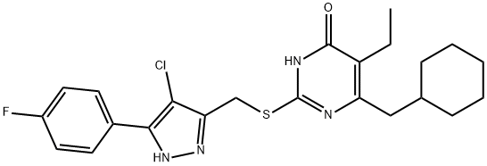 2-[[[4-Chloro-5-(4-fluorophenyl)-1H-pyrazol-3-yl]methyl]thio]-6-(cyclohexylmethyl)-5-ethyl-4(3H)-pyrimidinone Struktur