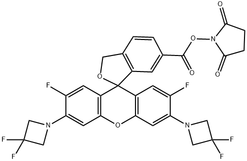 Spiro[isobenzofuran-1(3H),9'-[9H]xanthene]-6-carboxylic acid, 3',6'-bis(3,3-difluoro-1-azetidinyl)-2',7'-difluoro-, 2,5-dioxo-1-pyrrolidinyl ester Struktur