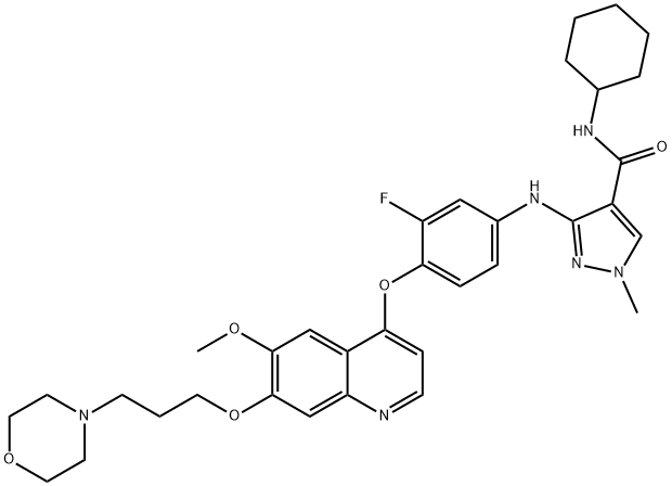 1H-Pyrazole-4-carboxamide, N-cyclohexyl-3-[[3-fluoro-4-[[6-methoxy-7-[3-(4-morpholinyl)propoxy]-4-quinolinyl]oxy]phenyl]amino]-1-methyl- Struktur