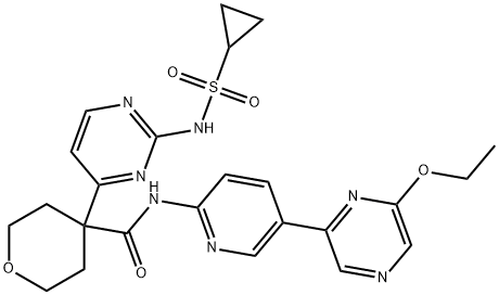 2H-Pyran-4-carboxamide, 4-[2-[(cyclopropylsulfonyl)amino]-4-pyrimidinyl]-N-[5-(6-ethoxy-2-pyrazinyl)-2-pyridinyl]tetrahydro- Struktur