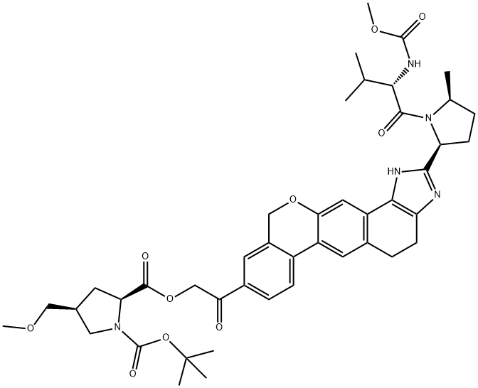 1,2-Pyrrolidinedicarboxylic acid, 4-(methoxymethyl)-, 1-(1,1-dimethylethyl) 2-[2-oxo-2-[1,4,5,11-tetrahydro-2-[(2S,5S)-1-[(2S)-2-[(methoxycarbonyl)amino]-3-methyl-1-oxobutyl]-5-methyl-2-pyrrolidinyl][2]benzopyrano[4',3':6,7]naphth[1,2-d]imidazol-9-yl]ethyl] ester, (2S,4S)- Struktur