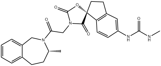 Urea, N-[(1R)-2,3-dihydro-2',4'-dioxo-3'-[2-oxo-2-[(3R)-1,3,4,5-tetrahydro-3-methyl-2H-2-benzazepin-2-yl]ethyl]spiro[1H-indene-1,5'-oxazolidin]-5-yl]-N'-methyl- Struktur