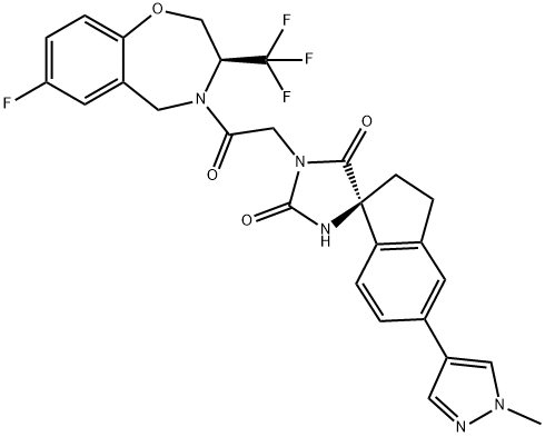 Spiro[imidazolidine-4,1'-[1H]indene]-2,5-dione, 1-[2-[(3S)-7-fluoro-2,3-dihydro-3-(trifluoromethyl)-1,4-benzoxazepin-4(5H)-yl]-2-oxoethyl]-2',3'-dihydro-5'-(1-methyl-1H-pyrazol-4-yl)-, (1'S)- Struktur