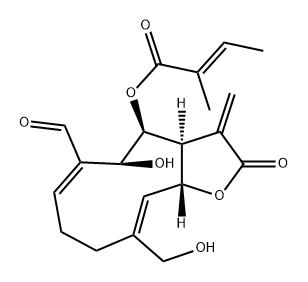 2-Butenoic acid, 2-methyl-, (3aS,4S,5S,6E,10Z,11aR)-6-formyl-2,3,3a,4,5,8,9,11a-octahydro-5-hydroxy-10-(hydroxymethyl)-3-methylene-2-oxocyclodeca[b]furan-4-yl ester, (2E)- Struktur