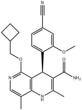 1,6-Naphthyridine-3-carboxamide, 4-(4-cyano-2-methoxyphenyl)-5-(cyclobutylmethoxy)-1,4-dihydro-2,8-dimethyl-, (4R)- Struktur