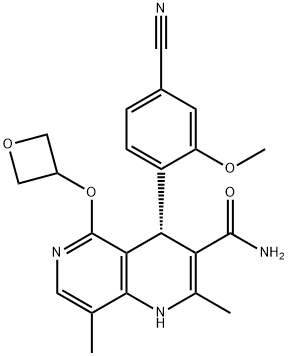 1,6-Naphthyridine-3-carboxamide, 4-(4-cyano-2-methoxyphenyl)-1,4-dihydro-2,8-dimethyl-5-(3-oxetanyloxy)-, (4S)- Struktur