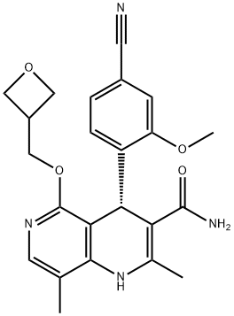 1,6-Naphthyridine-3-carboxamide, 4-(4-cyano-2-methoxyphenyl)-1,4-dihydro-2,8-dimethyl-5-(3-oxetanylmethoxy)-, (4S)- Struktur