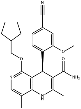 1,6-Naphthyridine-3-carboxamide, 4-(4-cyano-2-methoxyphenyl)-5-(cyclopentylmethoxy)-1,4-dihydro-2,8-dimethyl-, (4R)- Struktur