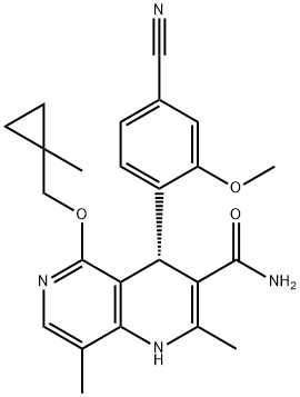 1,6-Naphthyridine-3-carboxamide, 4-(4-cyano-2-methoxyphenyl)-1,4-dihydro-2,8-dimethyl-5-[(1-methylcyclopropyl)methoxy]-, (4S)- Struktur