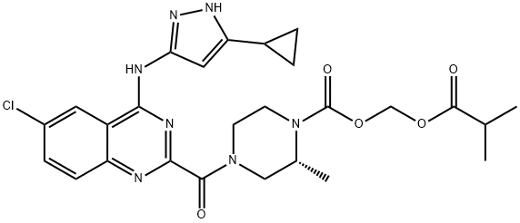 1-Piperazinecarboxylic acid, 4-[[6-chloro-4-[(5-cyclopropyl-1H-pyrazol-3-yl)amino]-2-quinazolinyl]carbonyl]-2-methyl-, (2-methyl-1-oxopropoxy)methyl ester, (2R)- Struktur