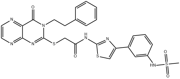 Acetamide, 2-[[3,4-dihydro-4-oxo-3-(2-phenylethyl)-2-pteridinyl]thio]-N-[4-[3-[(methylsulfonyl)amino]phenyl]-2-thiazolyl]- Struktur