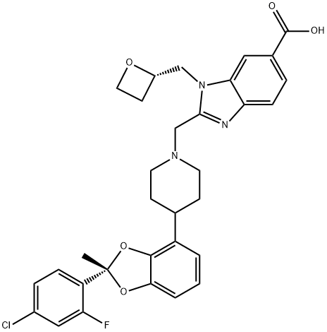 1H-Benzimidazole-6-carboxylic acid, 2-[[4-[(2S)-2-(4-chloro-2-fluorophenyl)-2-methyl-1,3-benzodioxol-4-yl]-1-piperidinyl]methyl]-1-[(2S)-2-oxetanylmethyl]- Struktur