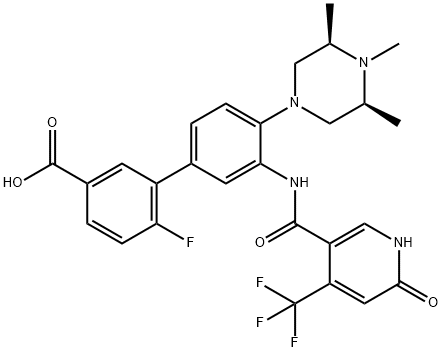 [1,1'-Biphenyl]-3-carboxylic acid, 3'-[[[1,6-dihydro-6-oxo-4-(trifluoromethyl)-3-pyridinyl]carbonyl]amino]-6-fluoro-4'-[(3R,5S)-3,4,5-trimethyl-1-piperazinyl]- Struktur