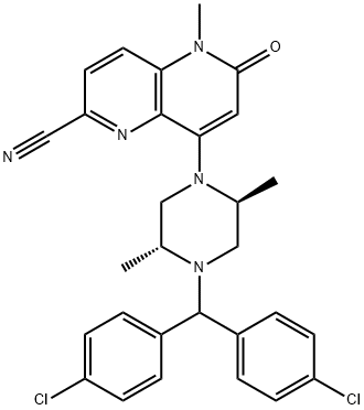 1,5-Naphthyridine-2-carbonitrile, 8-[(2S,5R)-4-[bis(4-chlorophenyl)methyl]-2,5-dimethyl-1-piperazinyl]-5,6-dihydro-5-methyl-6-oxo- Struktur