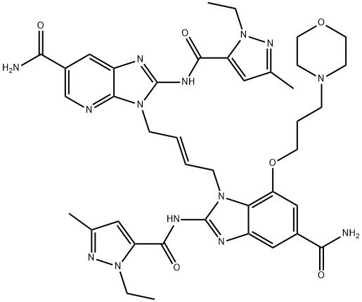 3-[(2E)-4-[5-(Aminocarbonyl)-2-[[(1-ethyl-3-methyl-1H-pyrazol-5-yl)carbonyl]amino]-7-[3-(4-morpholinyl)propoxy]-1H-benzimidazol-1-yl]-2-buten-1-yl]-2-[[(1-ethyl-3-methyl-1H-pyrazol-5-yl)carbonyl]amino]-3H-imidazo[4,5-b]pyridine-6-carboxamide Struktur