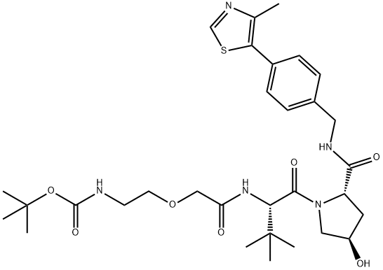 L-Prolinamide, N-[2-[2-[[(1,1-dimethylethoxy)carbonyl]amino]ethoxy]acetyl]-3-methyl-L-valyl-4-hydroxy-N-[[4-(4-methyl-5-thiazolyl)phenyl]methyl]-, (4R)- Struktur