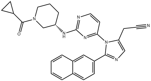 1H-Imidazole-5-acetonitrile, 1-[2-[[(3S)-1-(cyclopropylcarbonyl)-3-piperidinyl]amino]-4-pyrimidinyl]-2-(2-naphthalenyl)- Struktur