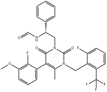 Formamide, N-[(1R)-2-[5-(2-fluoro-3-methoxyphenyl)-3-[[2-fluoro-6-(trifluoromethyl)phenyl]methyl]-3,6-dihydro-4-methyl-2,6-dioxo-1(2H)-pyrimidinyl]-1-phenylethyl]- Struktur