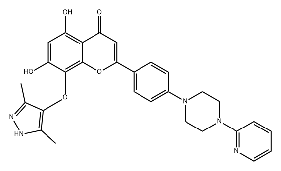 4H-1-Benzopyran-4-one, 8-[(3,5-dimethyl-1H-pyrazol-4-yl)oxy]-5,7-dihydroxy-2-[4-[4-(2-pyridinyl)-1-piperazinyl]phenyl]- Struktur