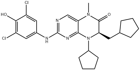 6(5H)-Pteridinone, 8-cyclopentyl-7-(cyclopentylmethyl)-2-[(3,5-dichloro-4-hydroxyphenyl)amino]-7,8-dihydro-5-methyl-, (7R)- Struktur