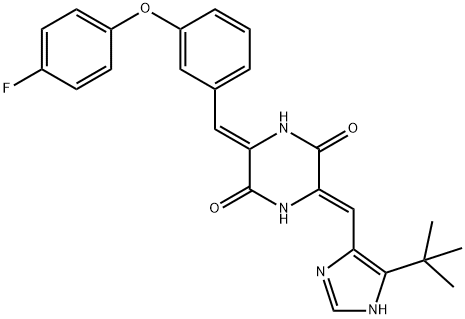 2,5-Piperazinedione, 3-[[5-(1,1-dimethylethyl)-1H-imidazol-4-yl]methylene]-6-[[3-(4-fluorophenoxy)phenyl]methylene]-, (3Z,6Z)- Struktur