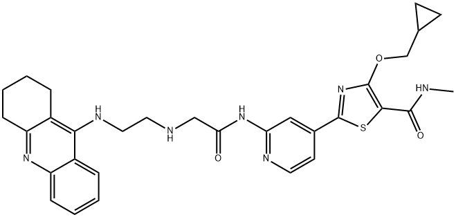 5-Thiazolecarboxamide, 4-(cyclopropylmethoxy)-N-methyl-2-[2-[[2-[[2-[(1,2,3,4-tetrahydro-9-acridinyl)amino]ethyl]amino]acetyl]amino]-4-pyridinyl]- Struktur